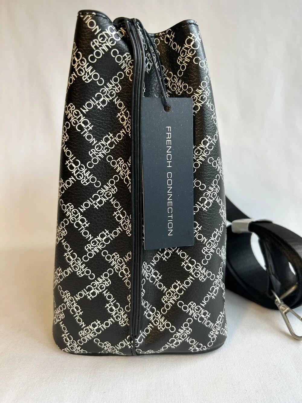 French Connection Bucket Shoulder Bag Black Adina Monogram Logo Purse